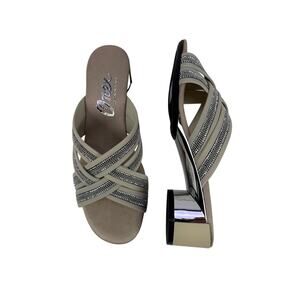 Onex Misha Sandals Block Heel Womens 8 Beige Straps Crystals Made In Italy